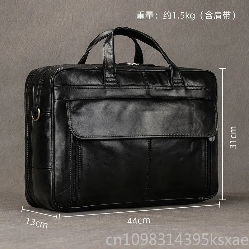 Men's Leather Briefcase Large Capacity Black Fits 15.6 Inch Laptop Business Commute Handheld Crossbody Messenger Bag