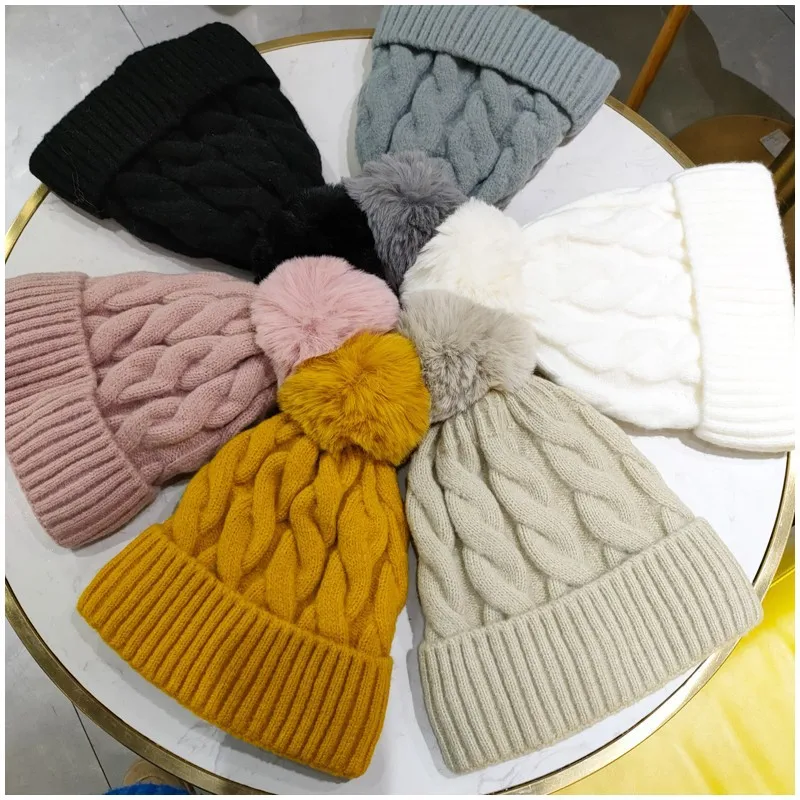 Winter Warm Knitting Hats Thick Plush Cap Beanies Pompom Solid Ladies Versatile Ski Snow Skullies Beanies Velvet Hat