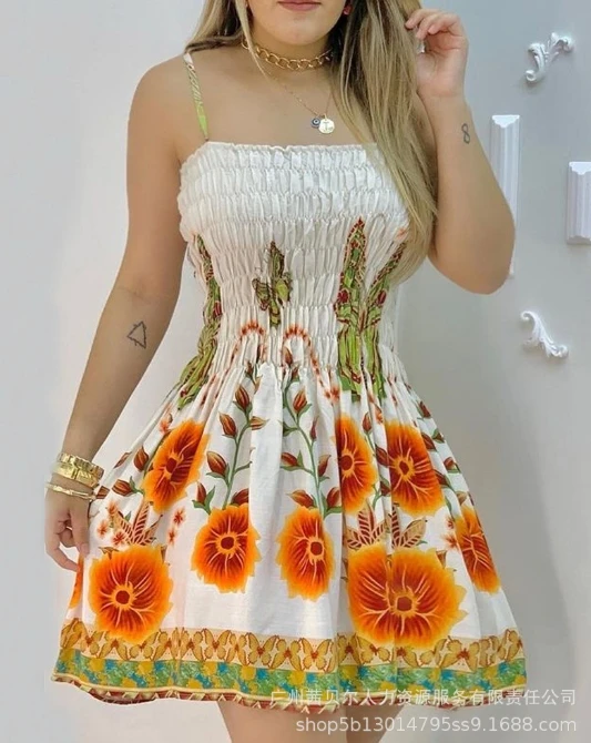 

Women Vacation Dress 2024 Spring/Summer Latest Full Size Flower Sexy Wrinkle Drop Strap Positioning Print Mini Dress Short Skirt