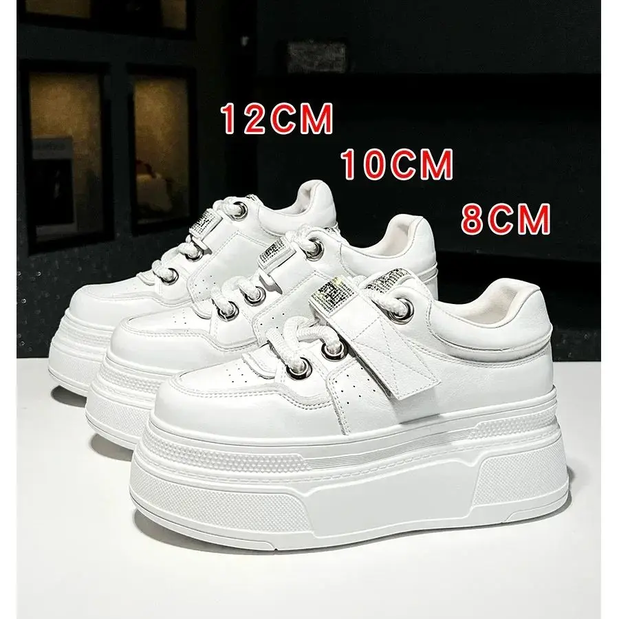 8/10/12cm Women Chunky Sneakers Real Leather Platform Thick Bottom Shoes Height Increase Casual High Heels Gold Luxury vulcanize