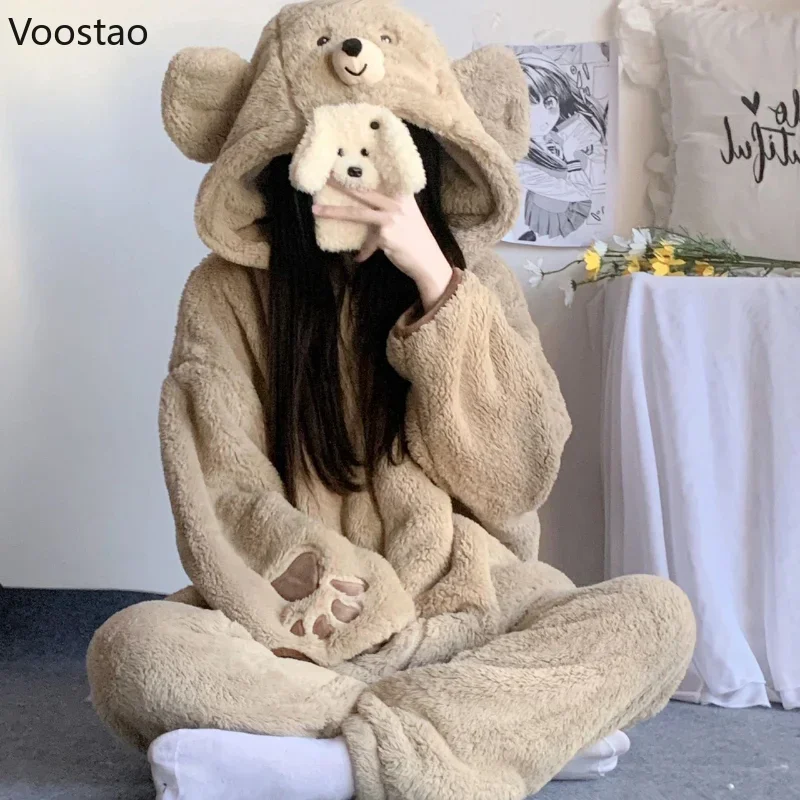 

Autumn Winter Cute Bear Ears Coral Fleece Hooded Pajama Sets Women Sweet Kawaii Warm Homewear Girls Lounge Sleepwear 2PC Set