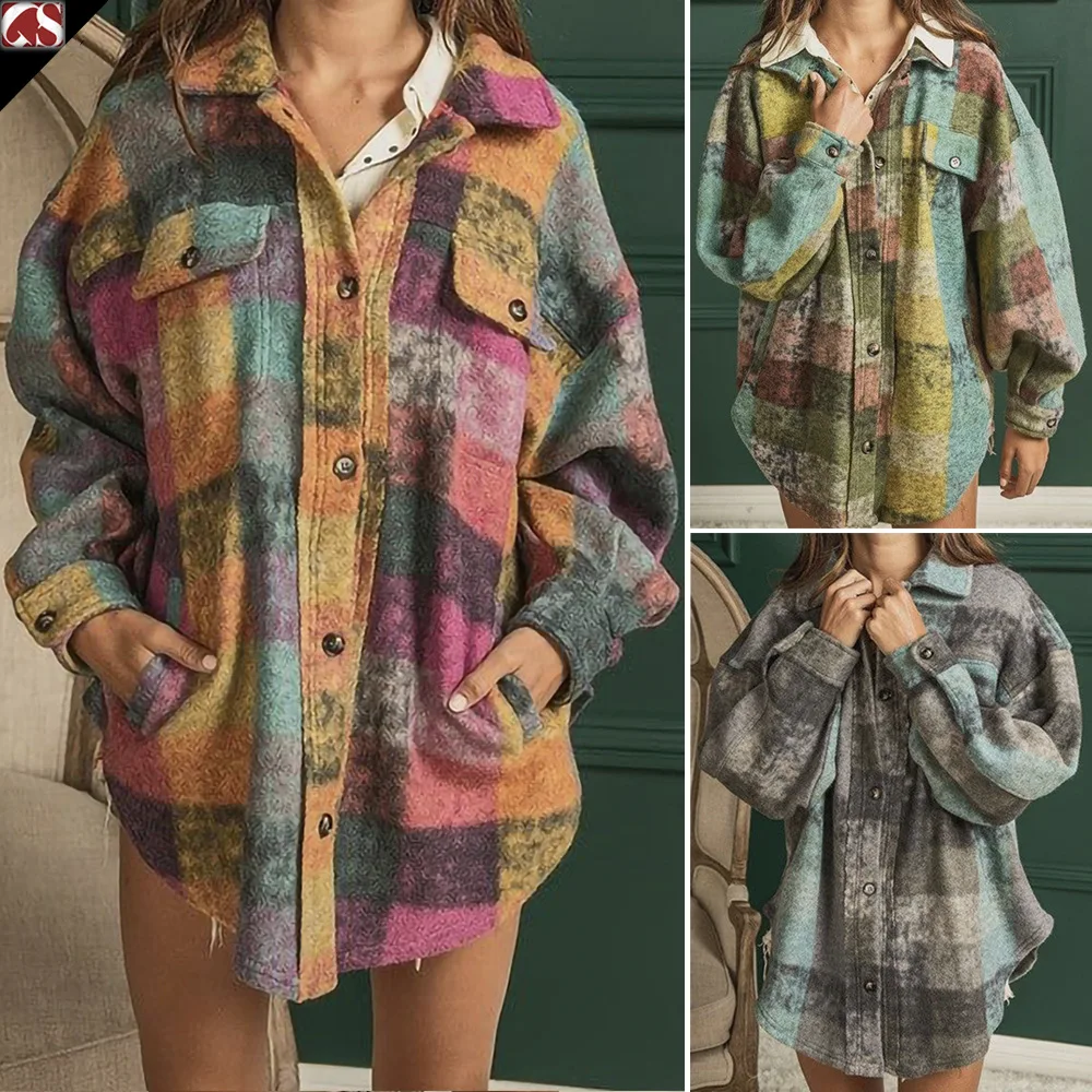 Women Oversized Colorful Plaid Shacket Vintage Lapel Button Down Long Sleeve Pocket Loose Jacket Fall Winter Coat