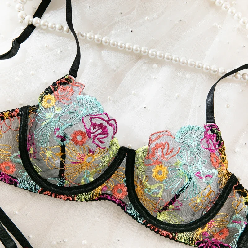 Bikini Embroidered Floral Sexy Bra Sexy Lingerie Set for Women