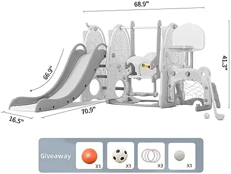 8 in 1 Toddler Slide and Swing Set, Indoor Outdoor Baby Playground with Basketball Hoop, Soccer Goal, , Ring Toss, Kids