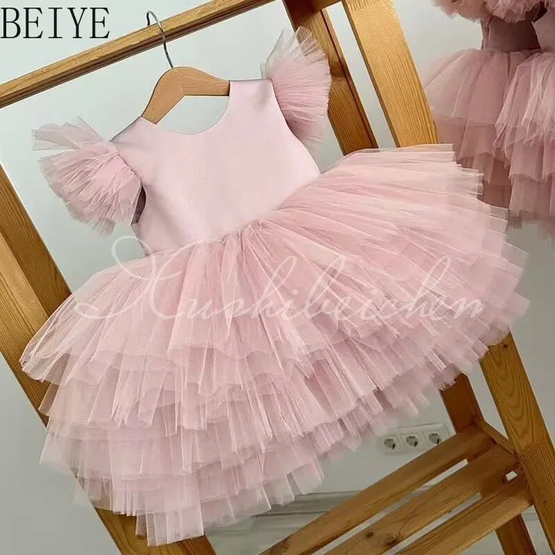 Elegant Pink Baby Girl Baptism Gown Puffy Tulle Flutter Multi Layer Ruffle Tutu Dress Toddler Birthday Wedding Flower Girl Dress