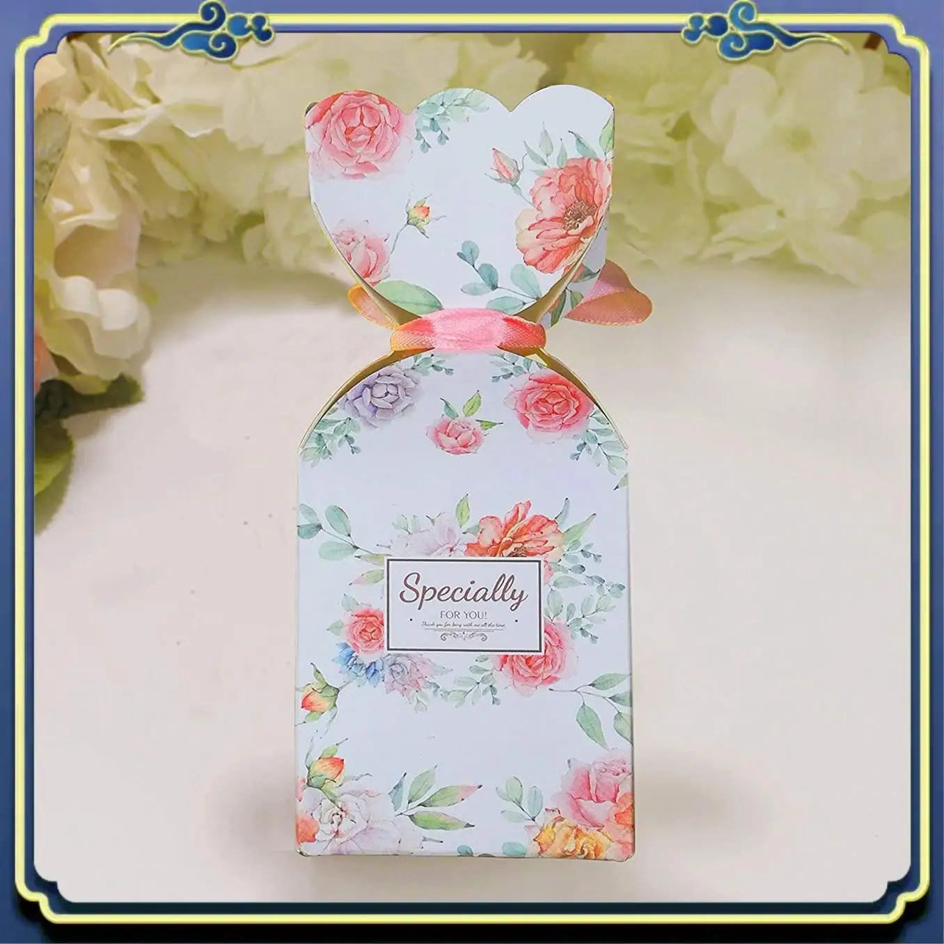 Latest 50 Pcs Floral Pattern Candy Boxes Wedding Bridal Shower Baby Birthday Party Favor Gift Box With 50Pcs Light Pink Ribbon