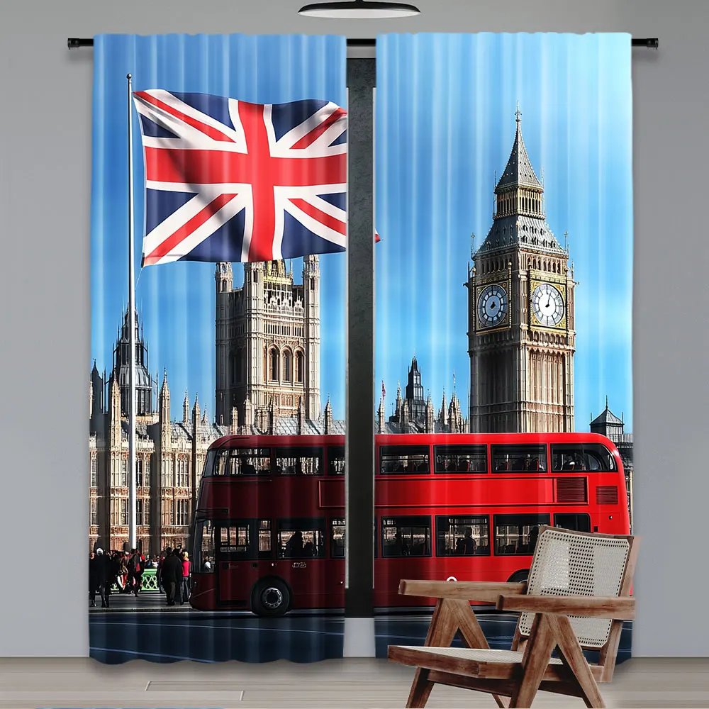 2Pcs Big Ben London Street Backdrop Curtain British Flag England Parliament House Buildings For Living Room Bedroom