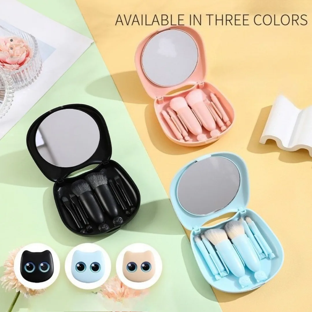 6 pçs mini pincéis de maquiagem de viagem conjunto com espelho caixa de armazenamento de gato conjunto de pincéis de maquiagem de viagem cosméticos pó blush mistura escovas