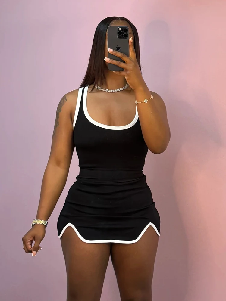 

Leosoxs Casual Simple Women 2 Piece Set Tracksuit Skinny Tank Tops+Irregular Hem Skirts Matching Stretch Streetwear Outfits