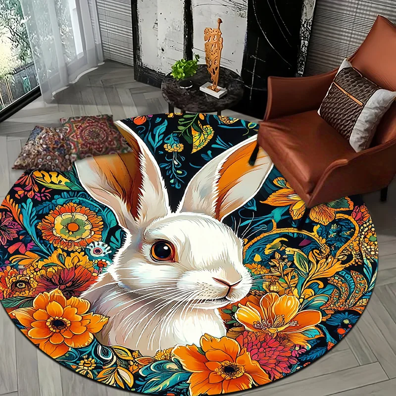 Rabbit floral style Flannel-printed round floor mats are slip-resistant Suitable for living room bedroom terrace garden carpets