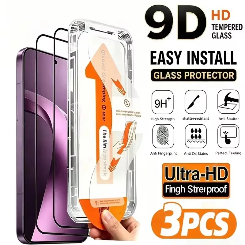 Комплект из 3 защитных стекол HD для iPhone (легкая установка): 17, 16 Pro Max, 18, 11, 15, 13, 14, 16e, Air, 12 Mini, XR, X, Xs, 7, 8 Plus