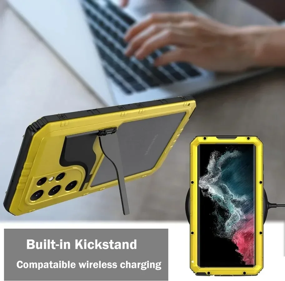 For Galaxy S23 Ultra S22 Plus IP68 Aluminum Metal Waterproof Case Underwater Diving Heavy Duty Shockproof Cover Screen Protector