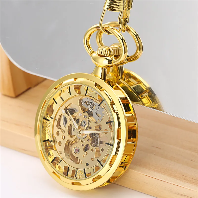 Bronze Hand Wind Mechanical Pocket Watch Gold Transparent Skeleton Fob Chain Antique Clock Luminous Hands Gift for Men Women