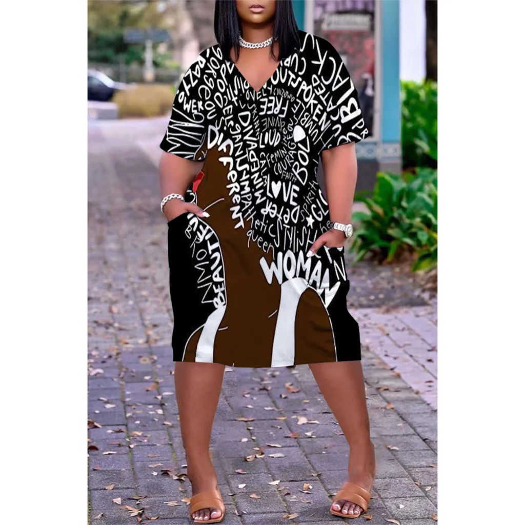 Abito estivo bohémien allentato Stampa 3D Moda Donna Abiti a maniche corte Ragazza al ginocchio Boho con scollo a V Abito da spiaggia allentato da donna