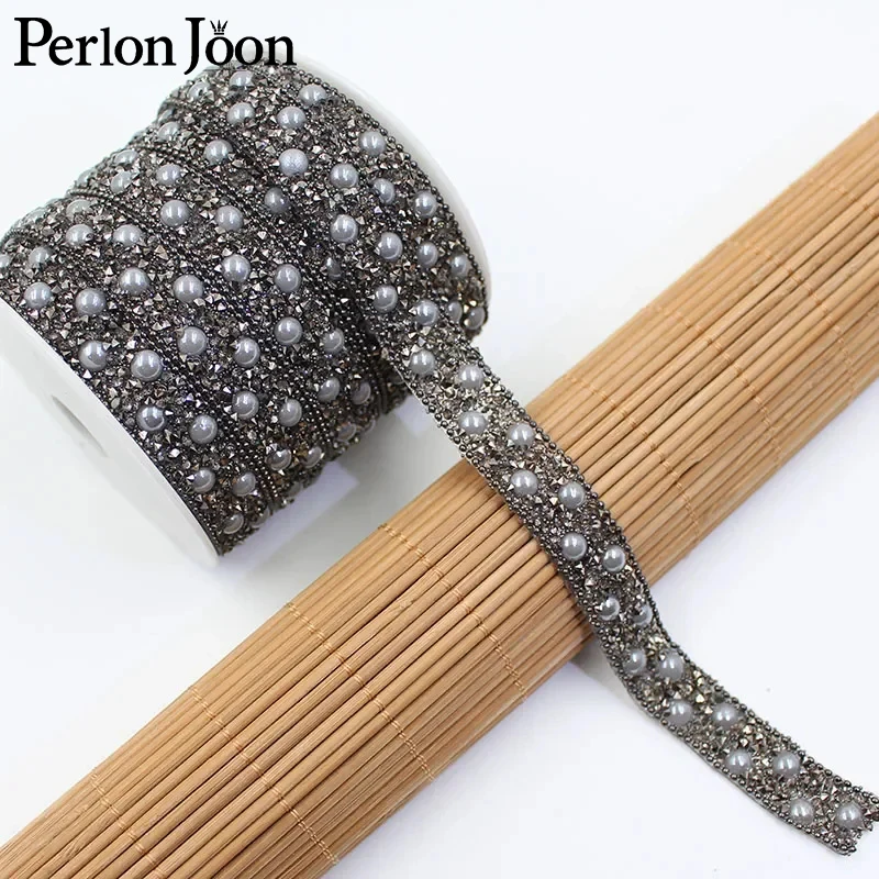 1 stocznia 1,5 cm Pearl Style Rhinestone Trim Hot Fix Crystal Tape DIY Ribbon Ironing on Clothing Bags Accessories Decoration TR157