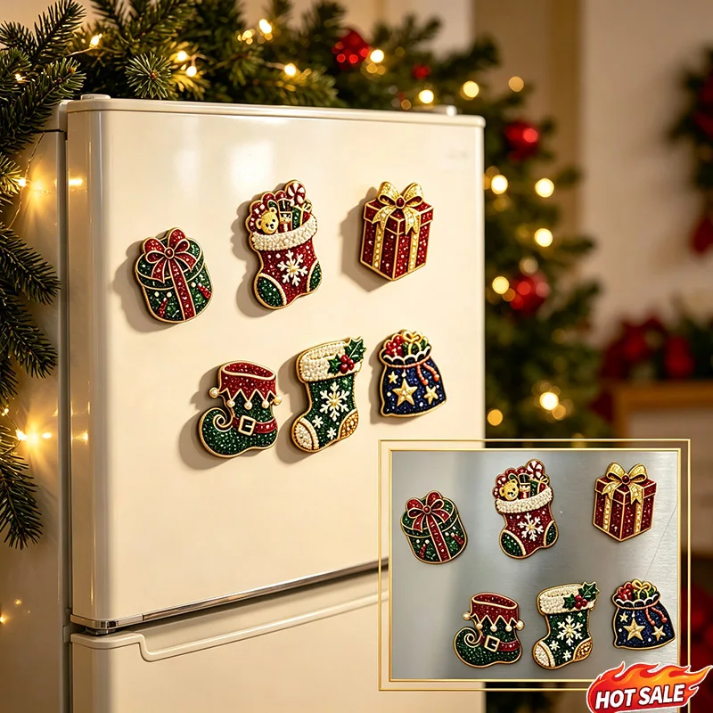 Christmas Diamond Painting Fridge Magnets Kit, 6pcs Rhinestone Refrigerator Sticker, Xmas Stocking Gift Handmade Home Decoration