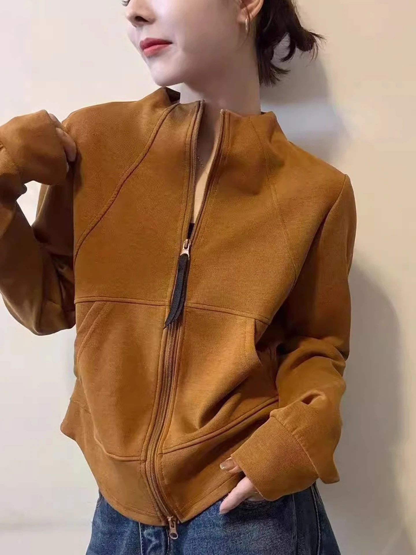 Dimagrante Colore puro Lungo Sve Doppia cerniera Jaet Versatile autunno Faionable Sweatshirt High-End Feel Commute Sle Wome...