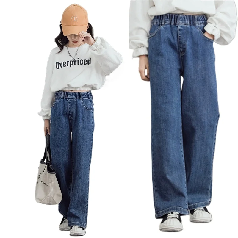 Korean Children Loose Fit Jeans Girls Autumn Fashion Straight Leg Denim Pants Kids Children Fashion Casual Trousers