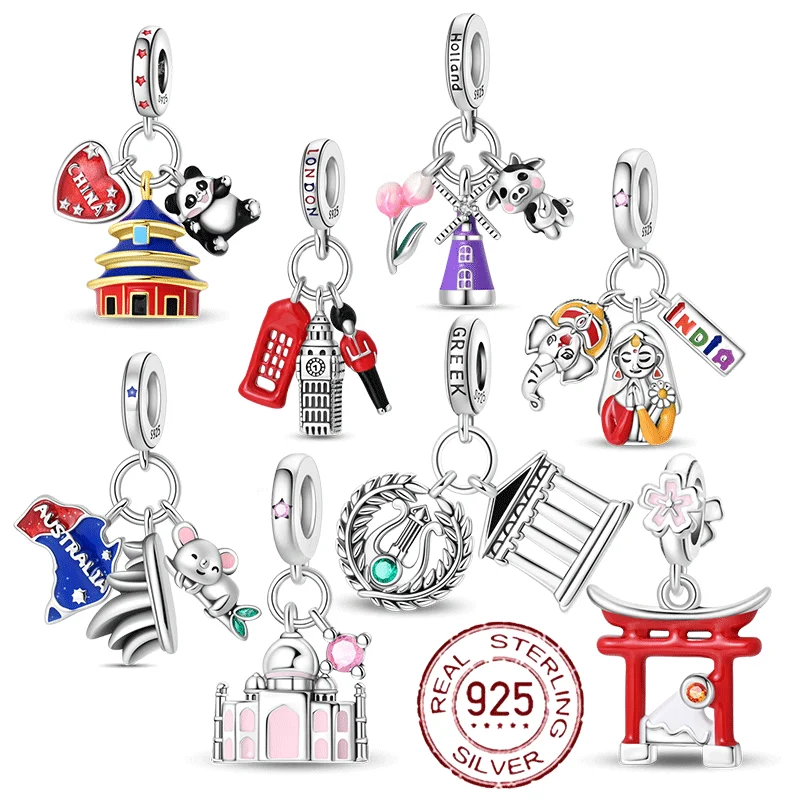 

925 Sterling Silver Landmark Souvenir Pendant Dutch Windmill Big Ben Torii Charm Fit Original Charm Bracelets Women DIY Jewelry