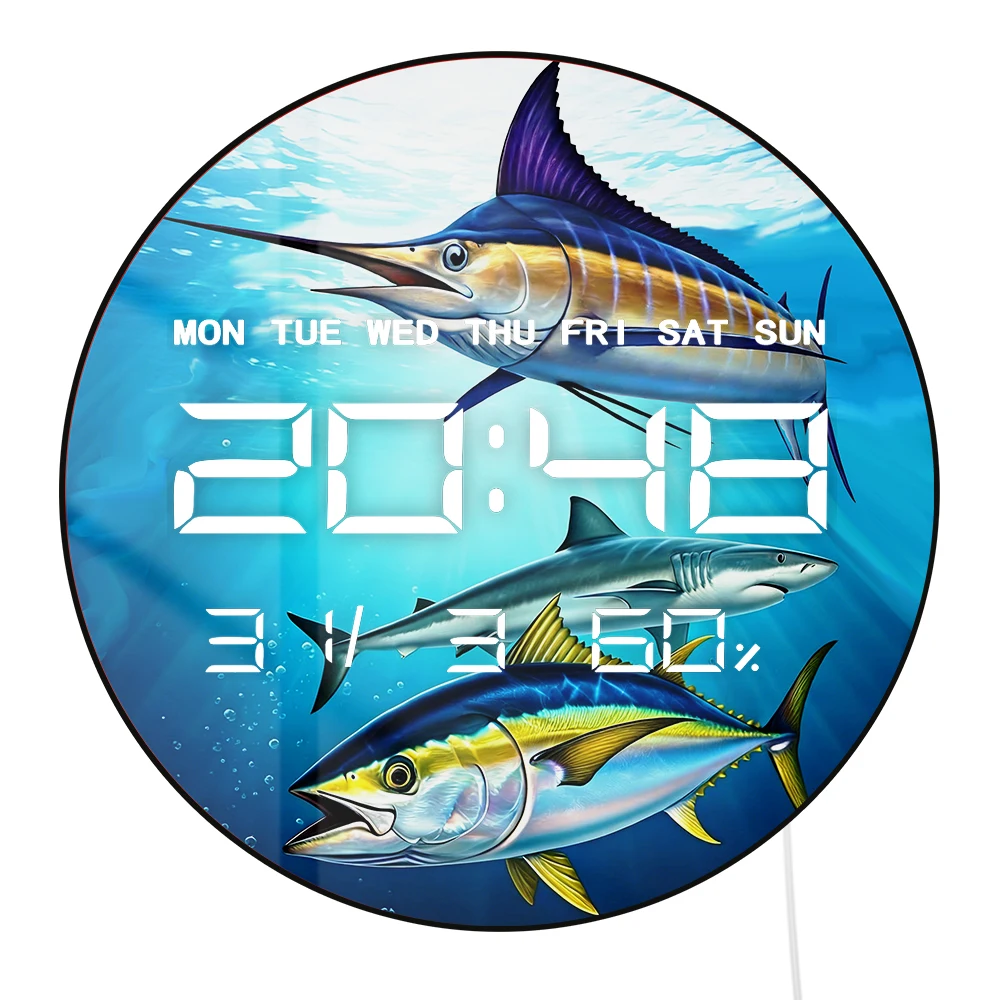 Reloj de Pared Digital LED con Diseño de Tiburón, Atún y Pez Rey, con Calendario, Fecha, Temperatura, Arte de Pez Espada Azul del Atlántico, Reloj de Pared Electrónico de 12/24 horas