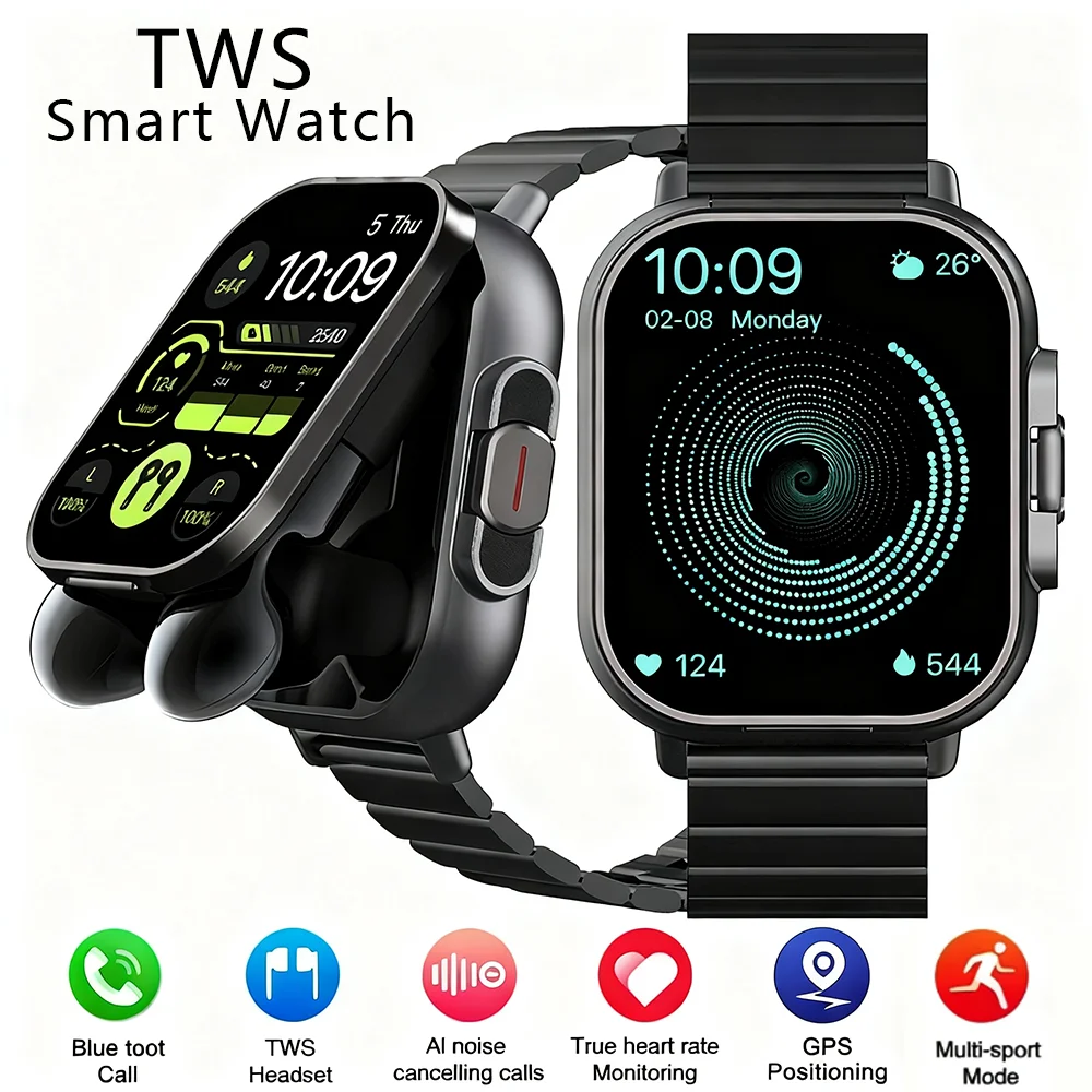 Men Smart Watch 2.01 inch HD Large Screen Waterproof Heart Rate Blood Oxygen Bluetooth earphone TWS 2 in 1 Make phone calls 2025