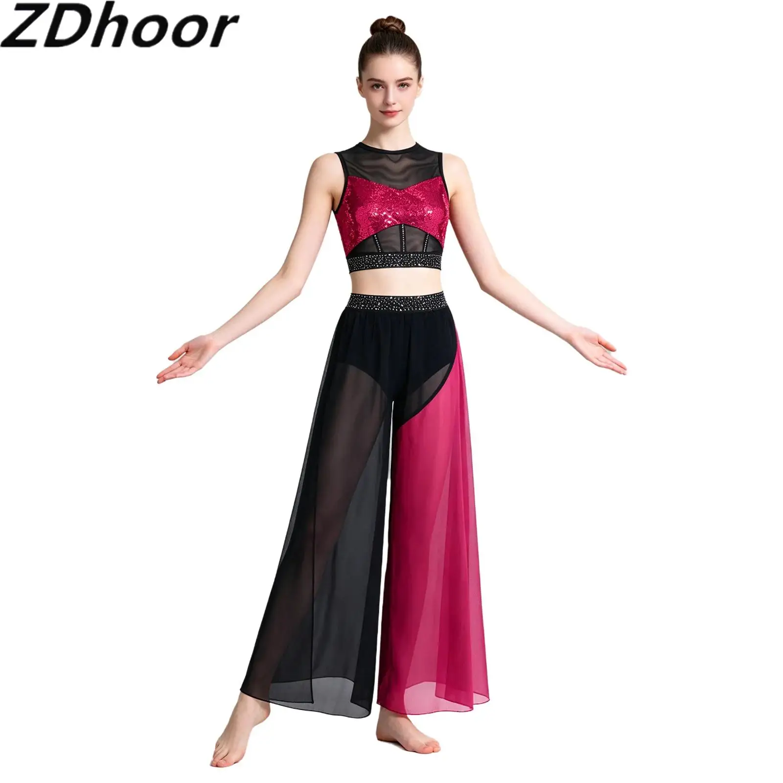 Women Round Neck Sleeveless Patchwork Sparkling Sequin Rhinestone Crop Top with Elastic Waistband Side Slit Bulit-in Pants