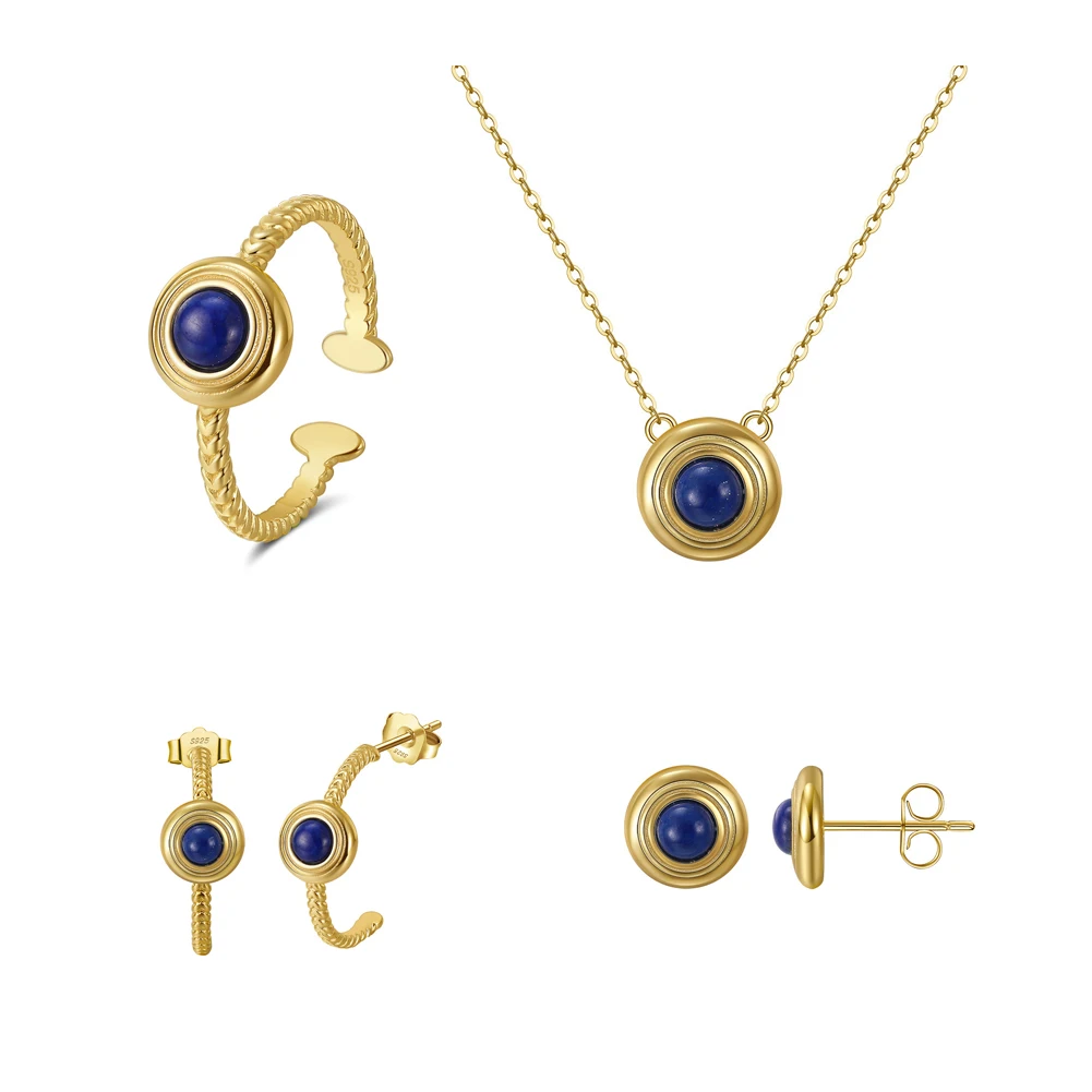 

MIQIAO Natural Lapis Lazuli Necklace Rings Jewelry Sets For Women 925 Sterling Silver 14K Gold Circular Earrings Female Wedding