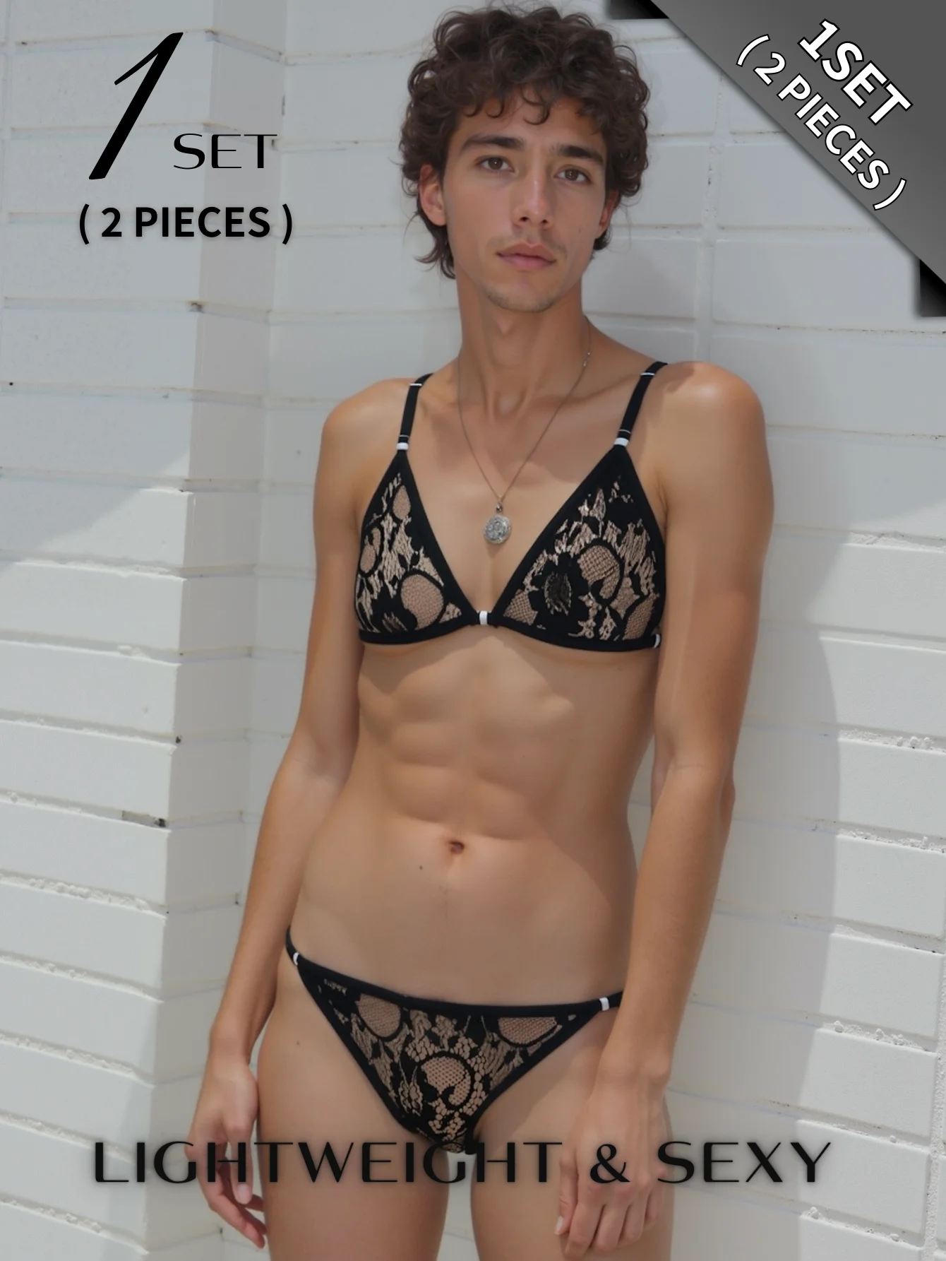 

1 комплект из 2-х мужских нижнего белья: сексуальное кружевное нижнее белье бикини с регулируемым нижним бельем + комплект с бюстгальтером, прозрачный, костюмированная вечеринка