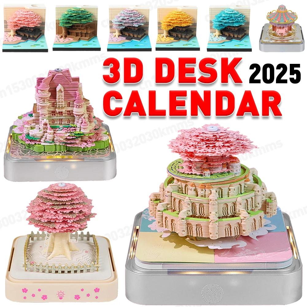 3D Desk Calendar 2025 Tear-Away 3D Paper Art Notepad with LED Light Paper Carving Calendar Memo Pad Calendar for House Gift