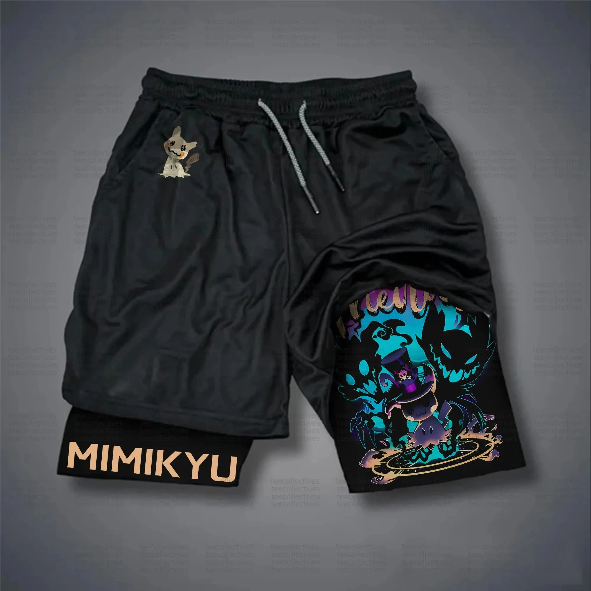 pokemon-mimikyu-shorts-masculino-algodao-calcas-esportivas-2025-verao-grafico-bottoms-base-preta-coxa-esquerda-pequeno-padrao-mimikyu-dobravel