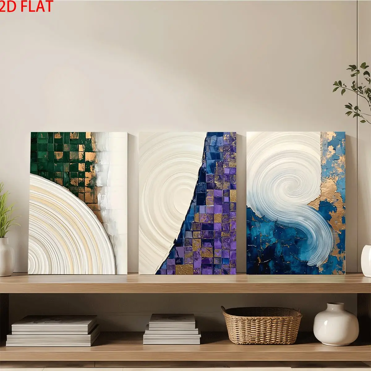 Frameless Canvas 2D Flat 3pc Wall Art – Three Abstract Paintings With Geometric And Spiral Patterns In Green Purple Blue And