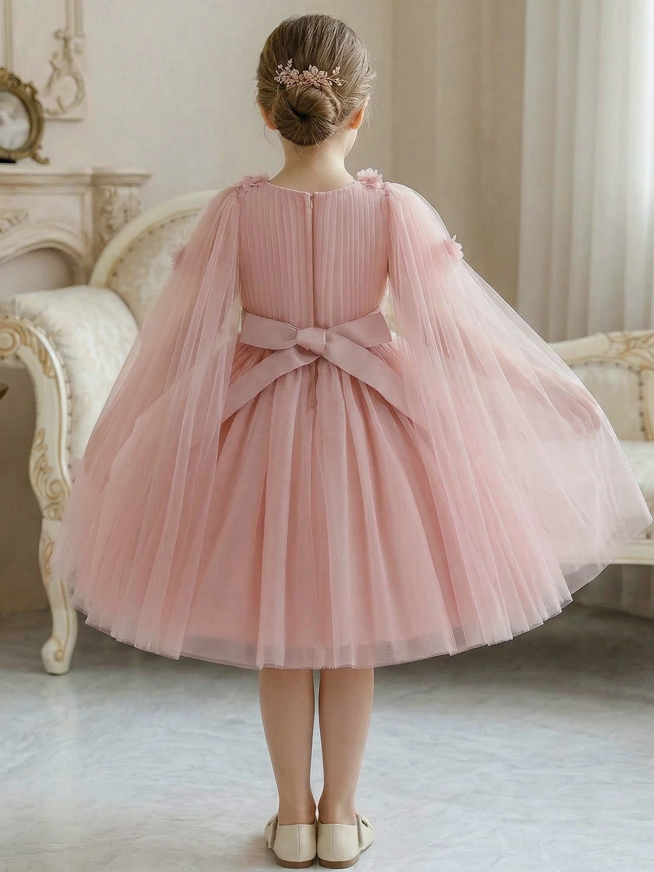 Young Girl 3D Floral Decorative Pleated Puffy Mesh Skirt Flower Girl Dress, Birthday Party Formal Dress, Vacations, Banquets