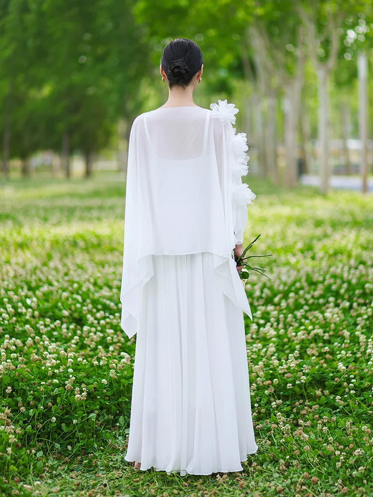 New Women Elegant White Long Dress Summer Fashion Fairy Style Two pieces Set Flower Shawl and Spaghetti Strap Dress