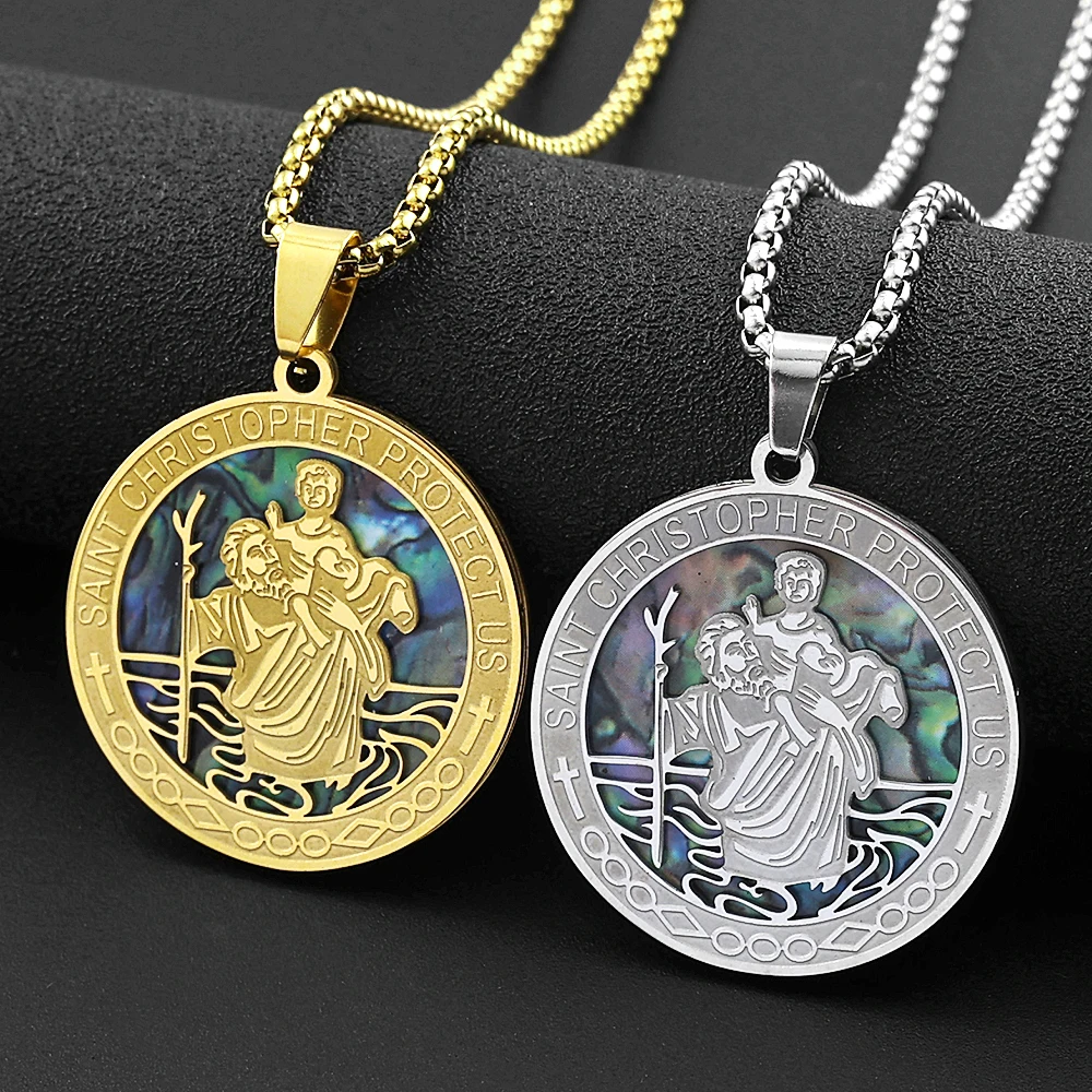 Saint Christopher Protect Us Round Pendant Necklace for Women Men Stainless Steel Gold Color Christian Amulet Chain Jewelry