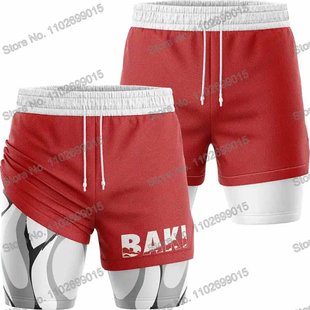 Baki El Luchador Rendimiento Pantalones cortos 2 en 1 Rash Guard BJJ Boxeo MMA Verano Hombre Correr Pantalones cortos de compresión Entrenamiento Yoga Gimnasio Ropa de deporte