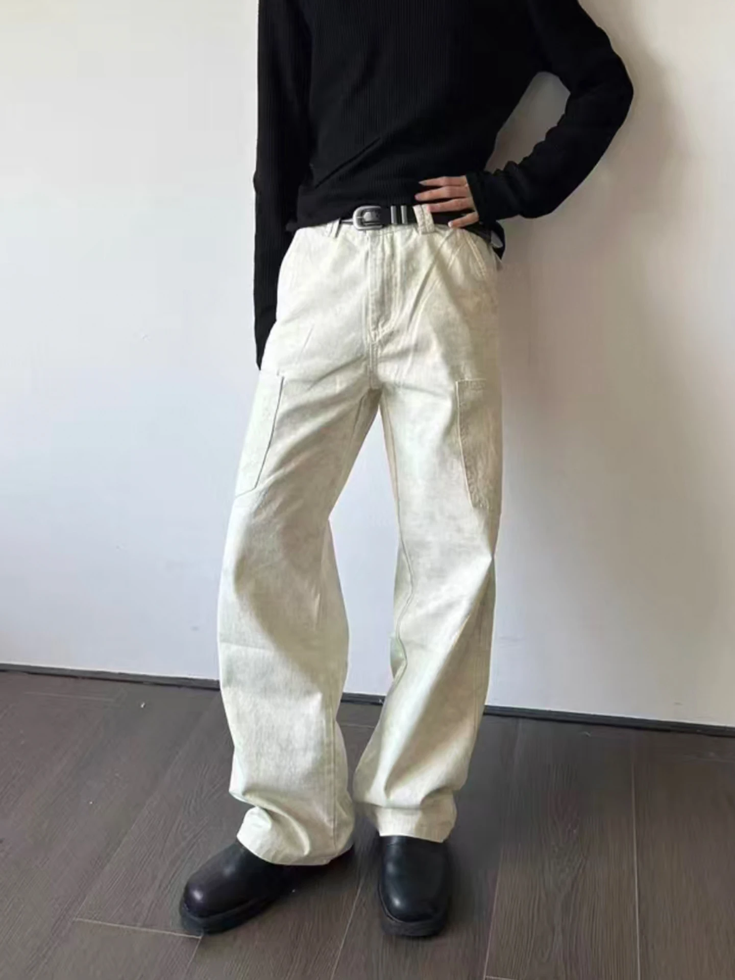 

American Retro Marble Texture Men's Jeans Spring Autumn Cleanfit Versatile Straight Leg Workwear Pants Multiple kets