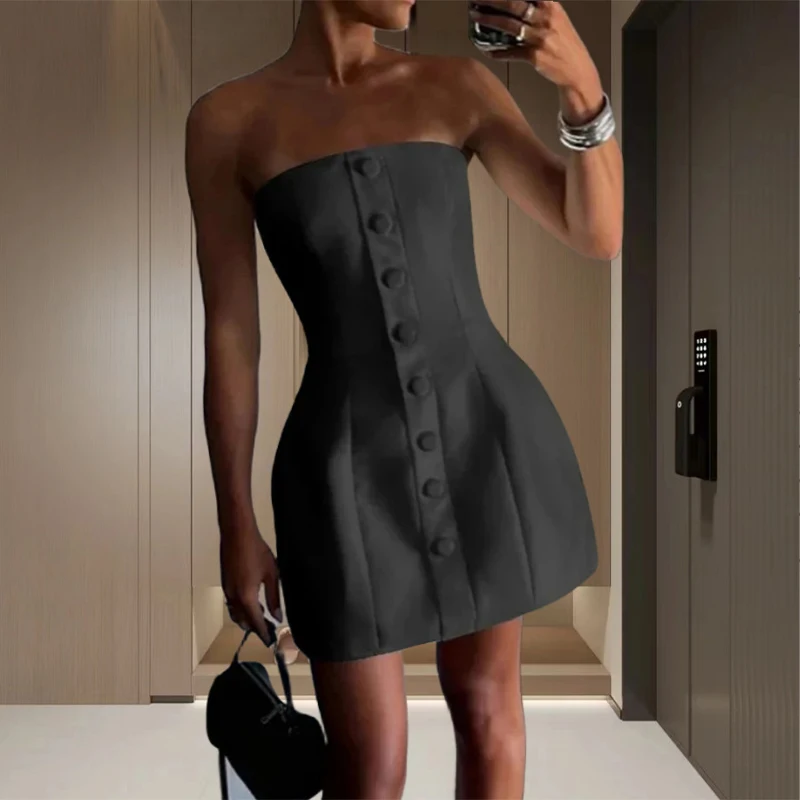 BKLD-Mini vestido sem alças de peito único feminino, ajuste fino, ombro a ombro, roupa do clube de pendulares, moda senhora simples, escritório