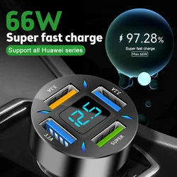 66W Car Volt Meter 4 Ports USB Car Charger Fast Charging PD Quick Charge 3.0 USB C Car Phone Charger Adapter For Phone Voltmeter