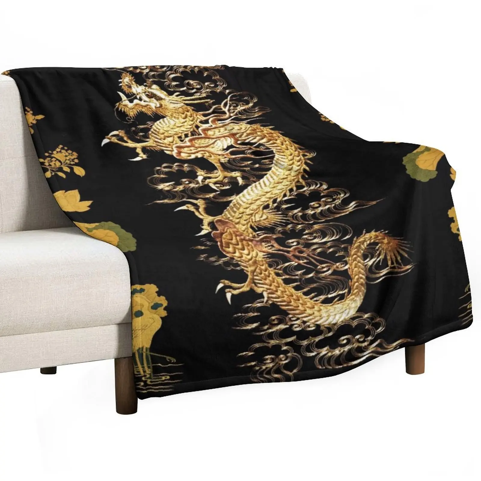 GOLD DRAGON IN BLACK,Egret,Lotus,Green Gold Floral Throw Blanket Tourist Bed covers Summer Beddings Winter beds Blankets