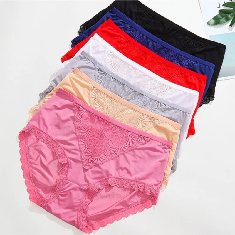 65-100kg women Plus Size lace Panties Sexy lace briefs Underwear for Women Mid rise Ultrathin Breathable ice silk underpants