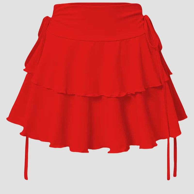 

Summer New Solid Color Women's A-line MiNi Half Length Skirt Fashionable Elegant and Versatile Ruffle Fake Drawstring Mini Skirt