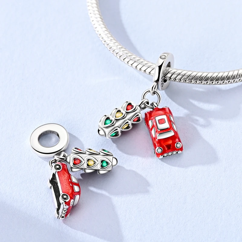 925 Sterling Silver Red Sports Car Charms Bead Traffic Lights Dangle Fit Original Bracelet DIY Women Jewelry