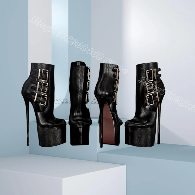 

Black Platform Buckle Ankle Boots Round Toe Solid Spring Party Dress Fashion Design for Women Short Boots Zapatos Para Mujere