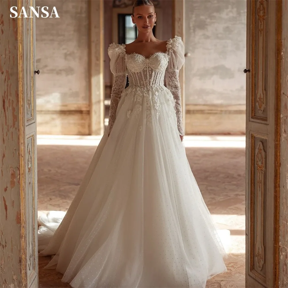 Sansa Luxury Puffy Sleeve A-line Wedding Dress Boho 3D Flower Lace Tulle Vestidos De Novia Romantic Long Sleeve Robe De Mariée