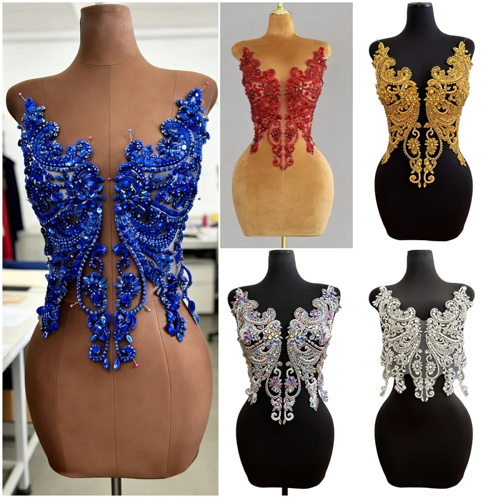 Hand Made 3D Front Bodice Patches Sew on Lace with Crystals Rhinestone Sewing Craft Making Applique For Wedding Dress Costumes
