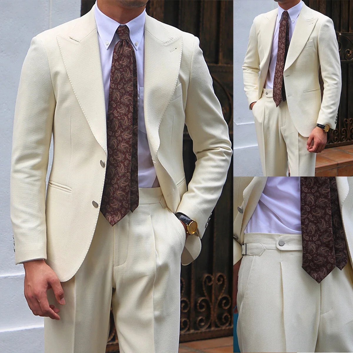 

Formal Wedding Groom Men Suits 2 Piece Business Jacket Pants Peak Lapel Suits White solid color men's suit set