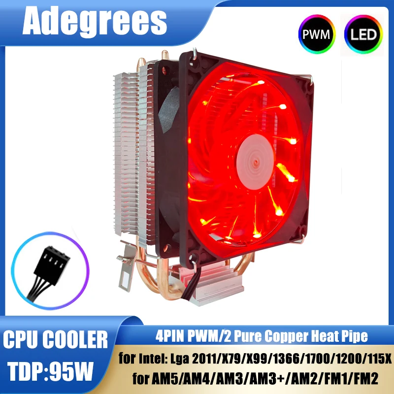 2 Heat-pipes CPU Cooler Tower 3PIN/4PIN PWM 90MM LED Red Light Cooling Fan for LGA 1366 1150 1155 1200 1700 X79 X99 2011 AM3 AM4