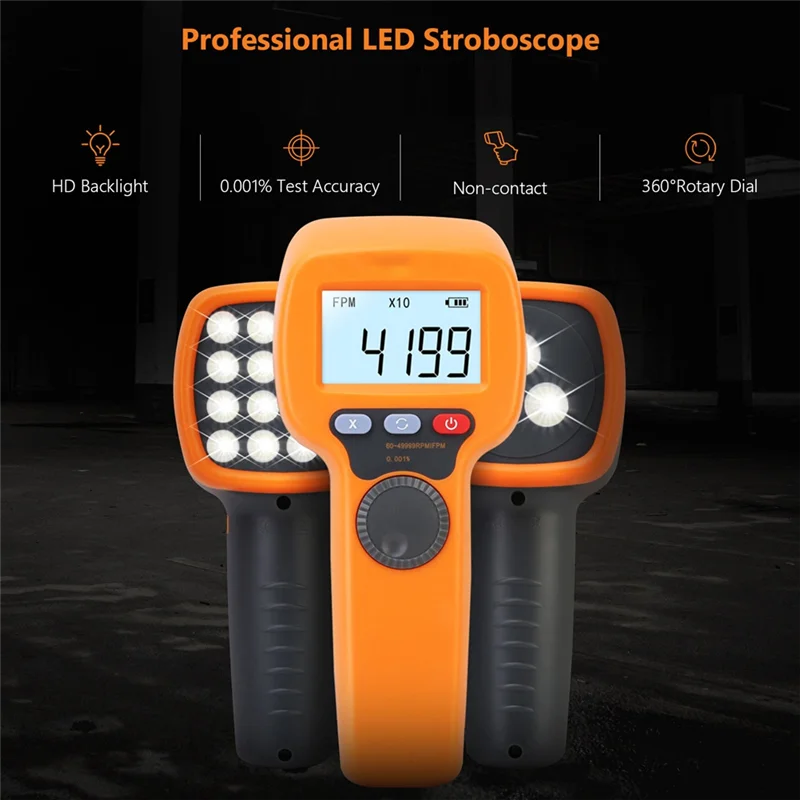 

A55F-Digital Handheld Stroboscope Measuring 60-49999 RPM Non Contact Strobe Tachometer, High Accuracy 0.001% Tachometer