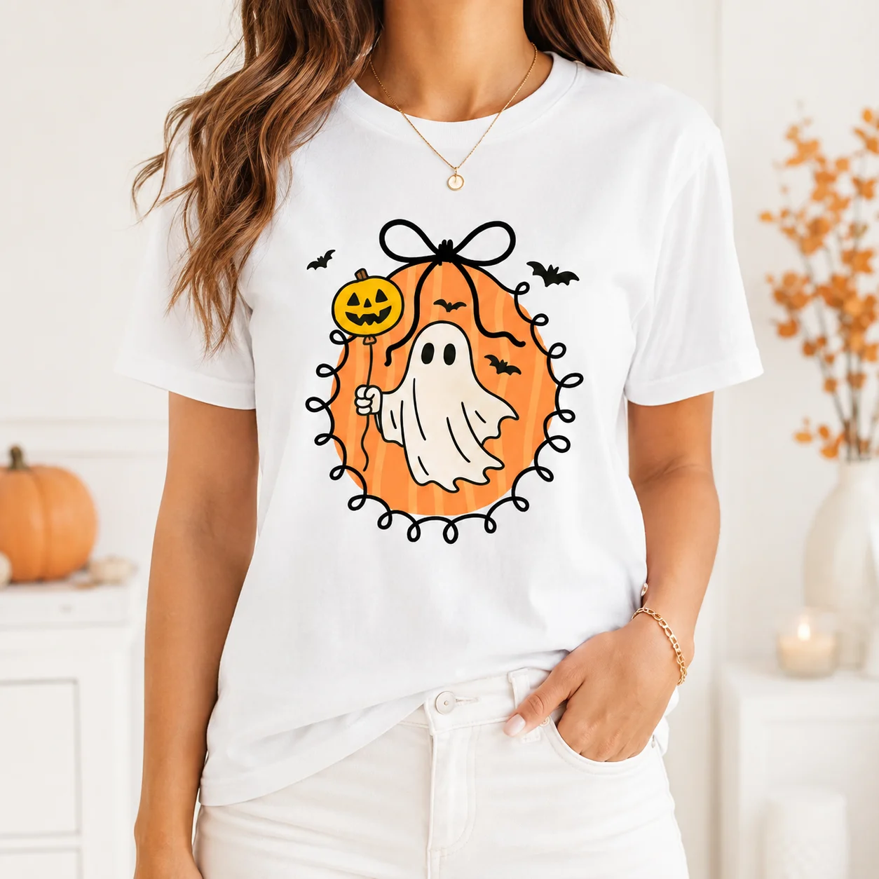 Cute Ghost With Pumpkin Balloon Halloween T Shirt Women Coquette Bow Fall Spooky Casual Short Sleeve Tee