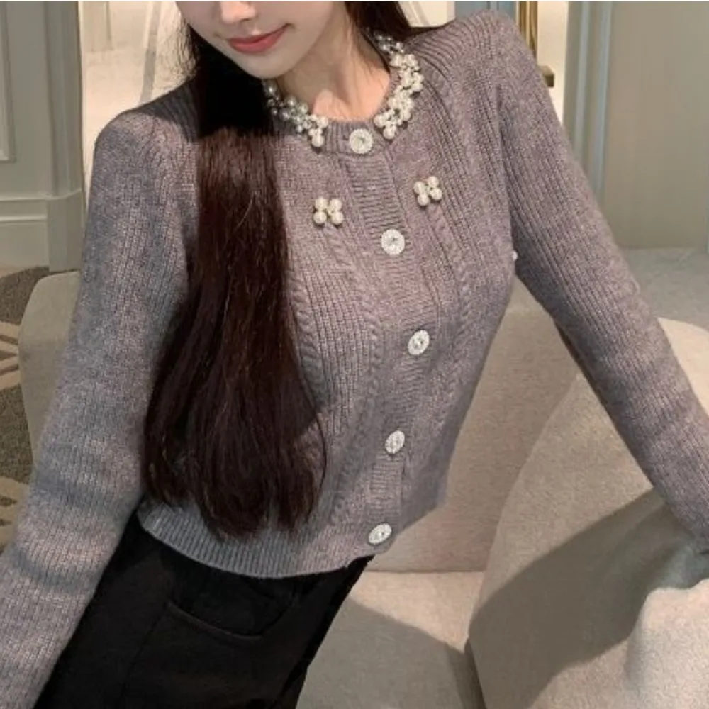 Neploe Elegant Small Fragrance Loose Beading Jumper Heavy Knit Exquisite Sweaters Diamond Small Fellow Short All-match Cardigan